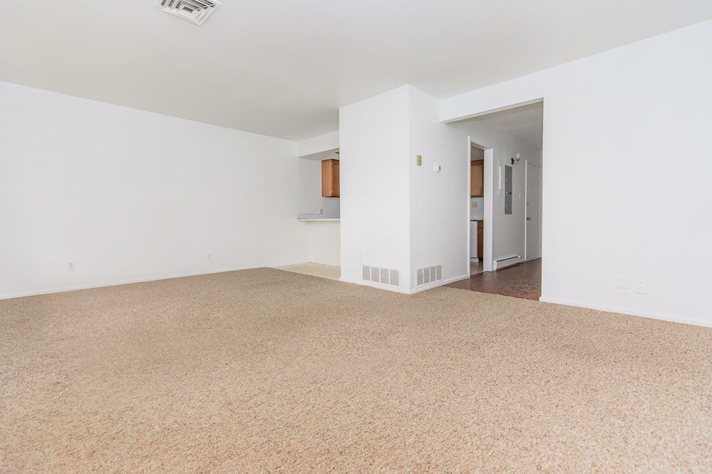A room with a carpeted floor and a doorway leading to another room.