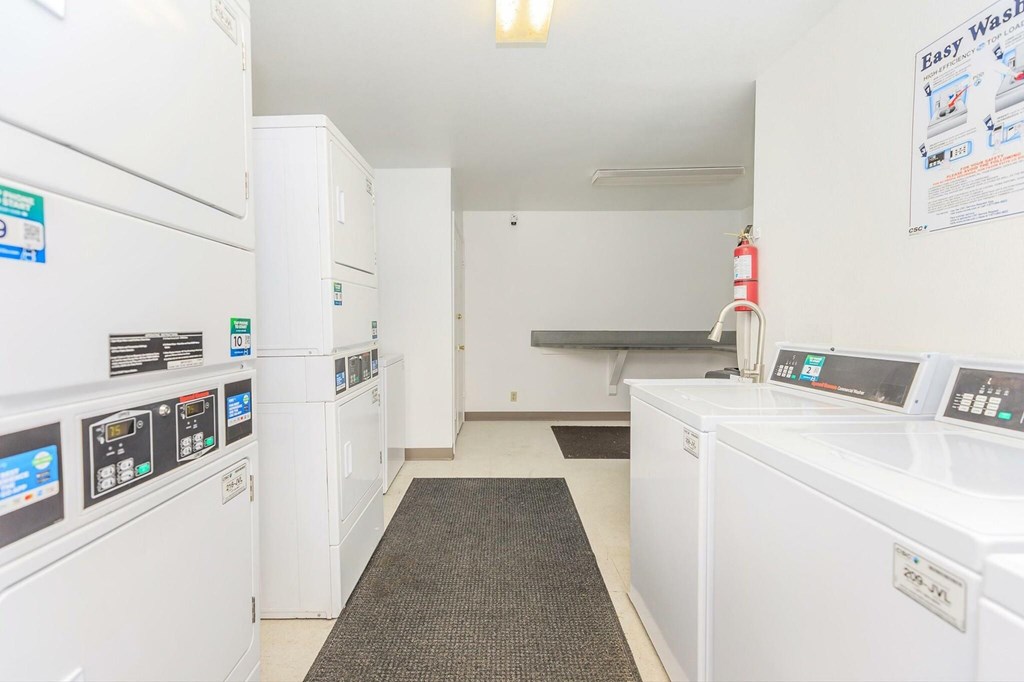 A laundromat with a row of washers and dryers.