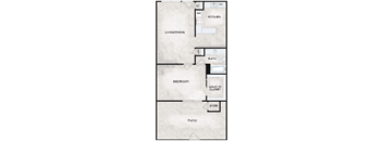 A floor plan of a house with a kitchen, living/dining area, bathroom, bedroom, walk-in closet, and patio.
