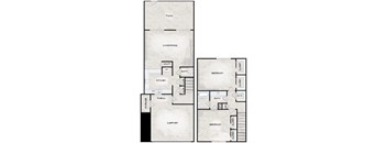 A floor plan of a house with a patio, living/dining area, kitchen, porch, and two bedrooms.