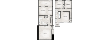 A floor plan of a house with a patio, two bedrooms, a living room, a dining room, a kitchen, a bath, a walk-in closet, a porch, and a carport.
