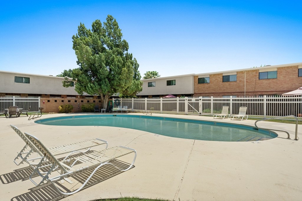A pool with chairs and a tree in front of a building.