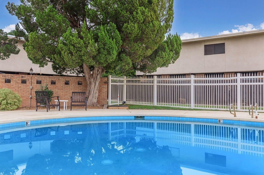 A tree stands next to a pool in a fenced area.