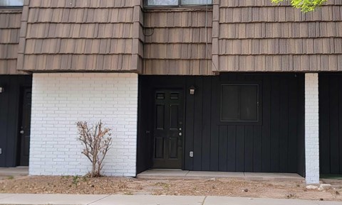 A white brick wall with a black door and a small plant in front.
