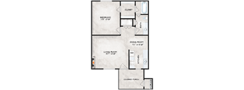 A floor plan of a house with a bedroom, living room, dining room, kitchen, and a covered porch.