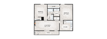 A floor plan of a house with two bedrooms, a living room, a kitchen, a bath, a closet, and a patio.