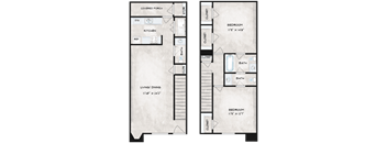 A floor plan of a house with a living room, dining room, kitchen, and two bedrooms.