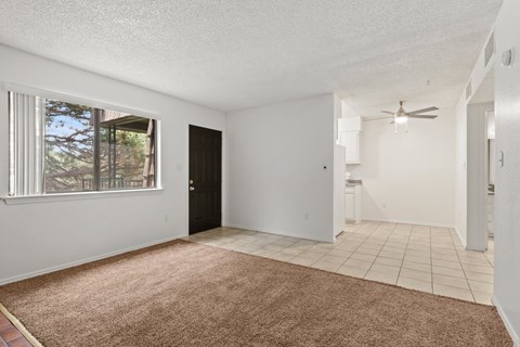 A room with a brown carpet and a ceiling fan.