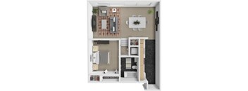 A 3D floor plan of a small apartment with a kitchen, living room, and bathroom.