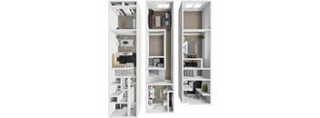 Three different layouts of a small apartment are shown.