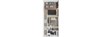A floor plan of a small apartment with a kitchen, living room, and bedroom.