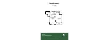 A floor plan for a 1 bedroom, 1 bath apartment sized at 675 sq.ft.