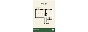 A floor plan for a 1 Bed, 1 Bath apartment at Bristol Tower.