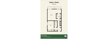 A floor plan for a 1 Bed, 1 Bath apartment at Axis Tower.