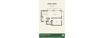 A floor plan for a 1 Bedroom, 1 Bathroom apartment sized at 811 sq.ft.