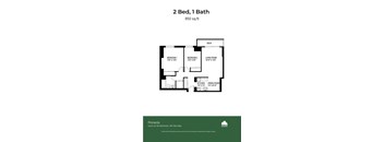 A floor plan for a 2 Bed, 1 Bath apartment sized at 850 sq.ft.
