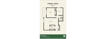 A floor plan for a 2 bedroom, 1 bath apartment at Axis Tower.