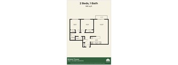 A floor plan for a 2 bedroom, 1 bathroom apartment at Bristol Tower.