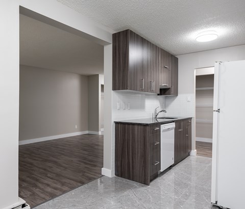 A kitchen with brown cabinets and a white dishwasher.