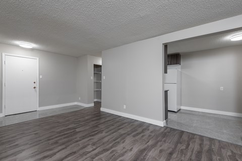 A room with a white door and a white cabinet.