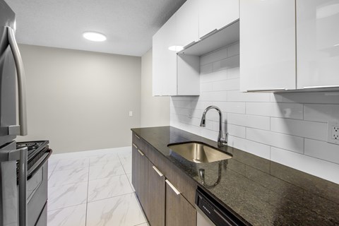 A modern kitchen with a stainless steel stove and a dark countertop.