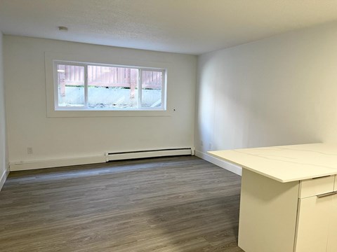 A room with a window and a white desk.