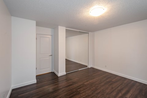 A room with white walls and wooden flooring with a door on the left and a mirror on the right.