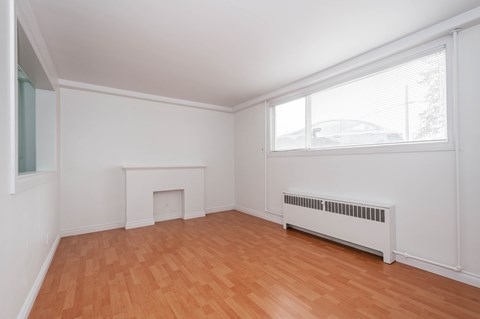 A room with a fireplace and a window.