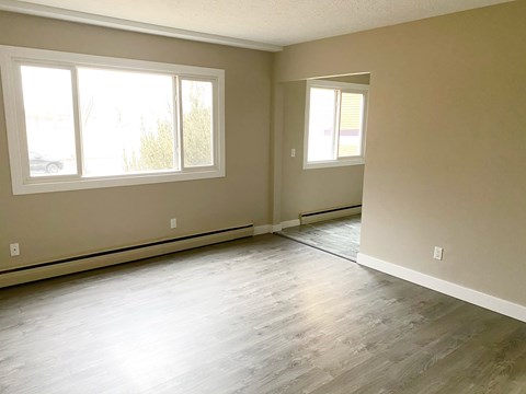 A room with light wood flooring and two windows.