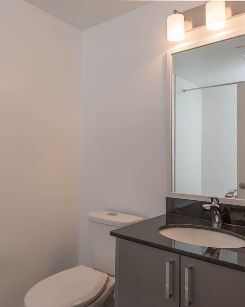 A bathroom with a toilet, sink and mirror.