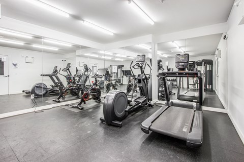 A gym with treadmills, exercise bikes, and other equipment.