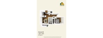 A floor plan for a 1 Bed, 1 Bath apartment sized at 573 sq. ft.