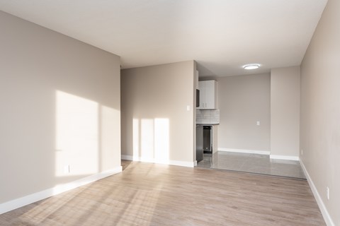 A spacious room with a fireplace and a built-in cabinet.