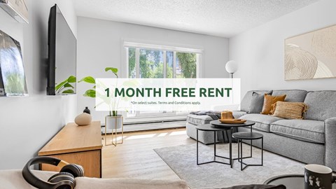 A living room with a grey sofa and a coffee table, and a sign that says "1 MONTH FREE RENT".