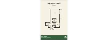 A floor plan for a Bachelor, 1 Bath apartment at Axis Tower.