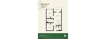 A floor plan for a property called Bergamot, which has 2 beds and 1 bath, is shown.