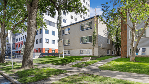 A tree-lined street with apartment buildings on either side.