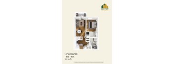A poster showing a floor plan of a 1 Bedroom, 1 Bathroom apartment sized at 584 sq.ft.