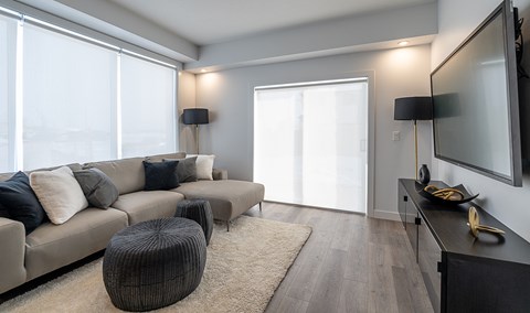 A modern living room with a grey sofa, a round ottoman, and a flat-screen TV mounted on the wall.