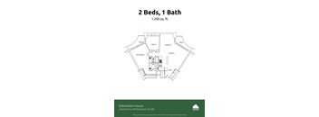 A floor plan for a 1,200 square foot home with two bedrooms and one bathroom.