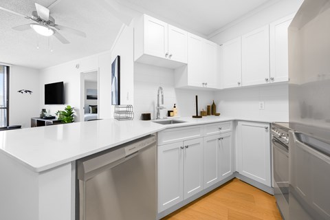 A modern kitchen with white cabinets and stainless steel appliances.