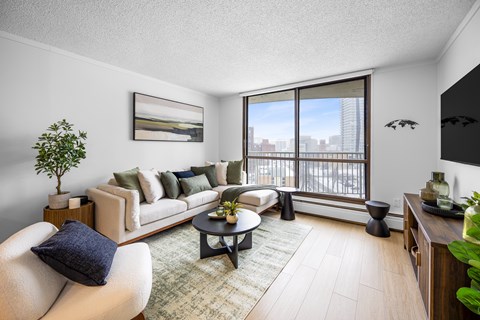 A living room with a couch, a chair, a coffee table, and a large window.