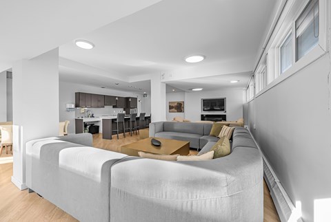 A modern living room with a grey sofa and a kitchen in the background.