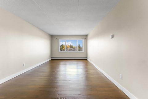 A long, empty room with a view of trees outside the window.