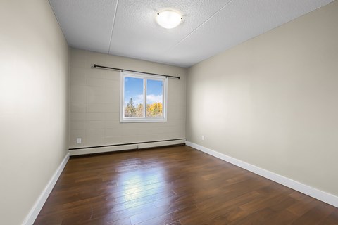 Empty room with a window and a picture on the wall.