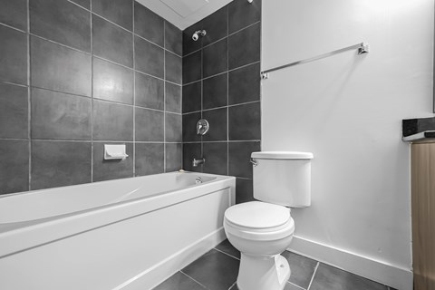 A white toilet sits next to a bathtub in a bathroom.