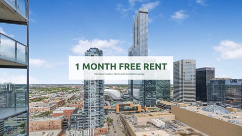 A cityscape with a building under construction and a sign offering a 1 month free rent.