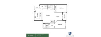 A floor plan of a two bedroom, two bathroom apartment.