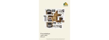 A floor plan for a 2 bedroom, 2 bathroom apartment sized at 893 square feet.