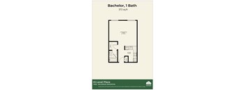 A floor plan for a Bachelor, 1 Bath apartment.